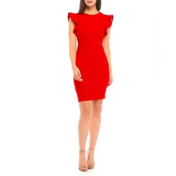CALVIN KLEIN | Women's Ruffled-Shoulder Sheath Dress NWT 6, Bright Orange - Picture 1 of 9